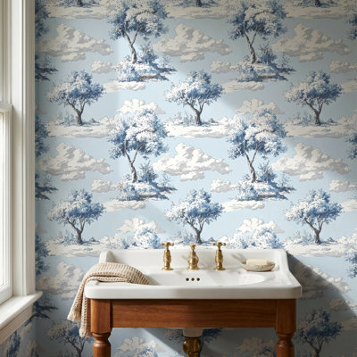 Traditional Toile Wallpaper Vintage Blue Wall Mural