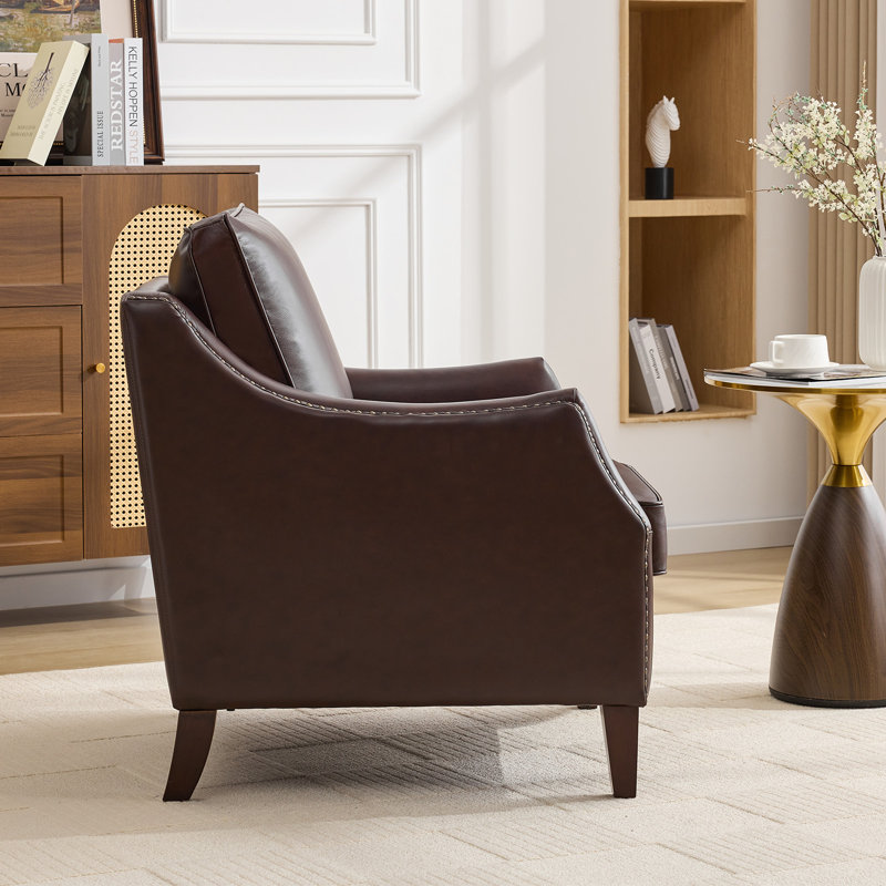 33.4" W Genuine Leather Upholstered Accent Armchair, Red Brown