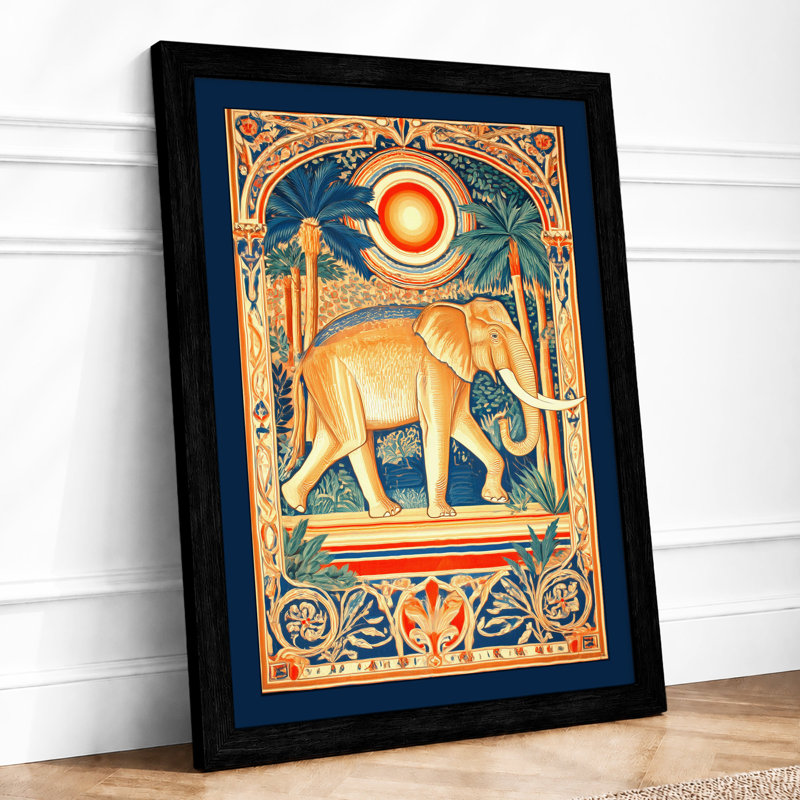 Golden Elephant Under Sun Art Deco - Single Picture Frame Print, A4 - 29.7 x 21.0 cm, Black