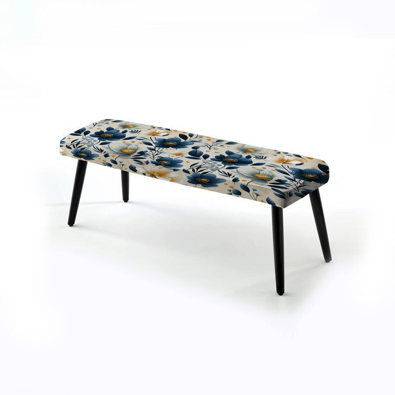 Banc rembourré floral noir, Fleurs gracieuses bleues antiques I