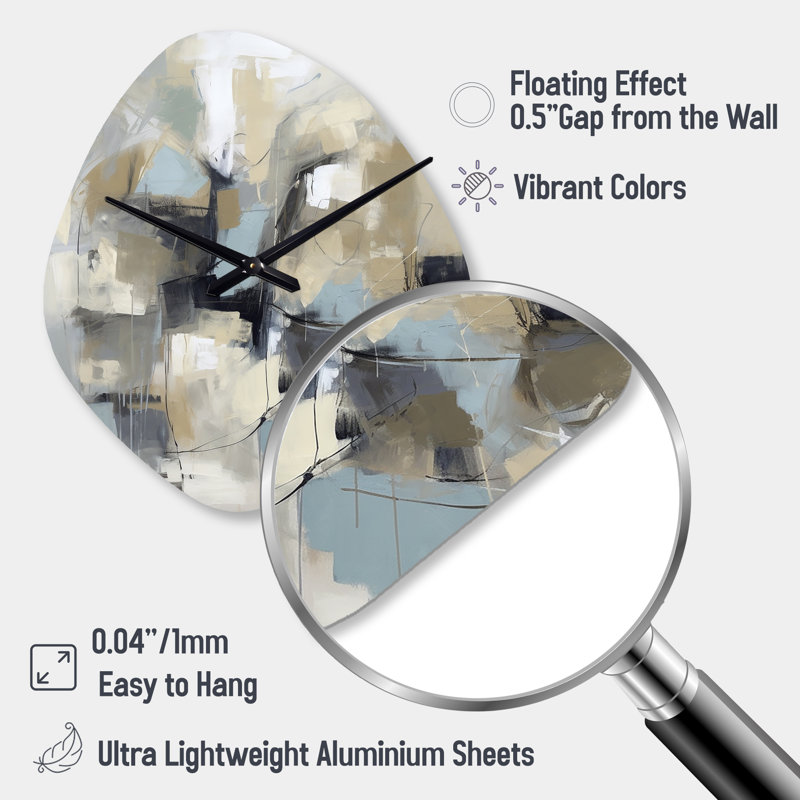 Beige et gris - Créature sans limite I - peinture abstraite, horloge murale en métal, horloge murale moderne asymétrique