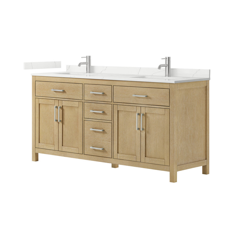 Beckett 72" Freestanding Double Bathroom Vanity with Quartz Top, Whitewashed Oak, Brushed Nickel, Giotto Quartz