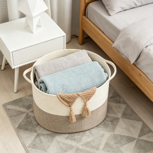 Large Woven Cotton Rope Basket, Blanket Storage for Living Room, Laundry Hamper, Toy Organizer, Pillow and Cushion Holder