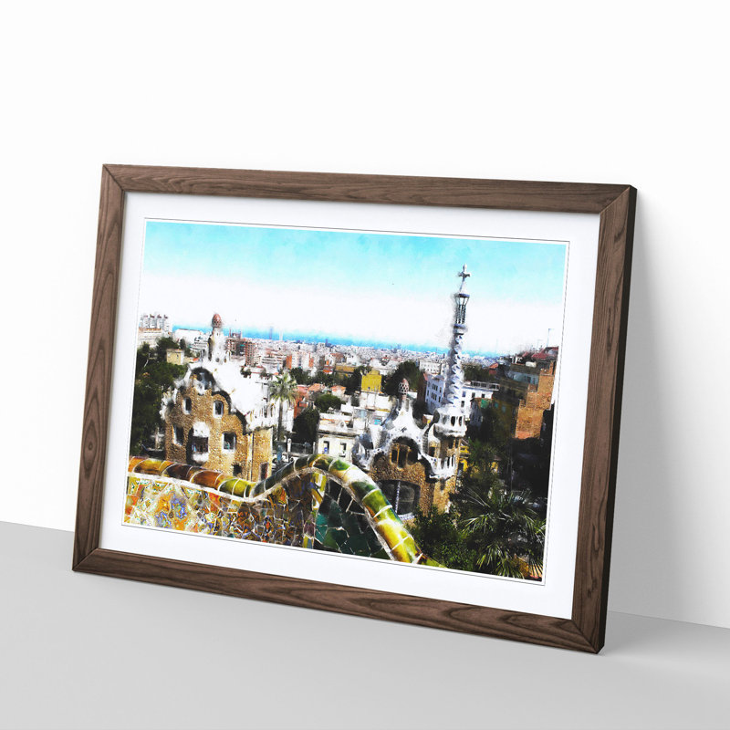 Parc Guell Gaudi in Barcelona Spain - Picture Frame Graphic Art Print, 62cm H x 87cm W x 2cm D, Walnut