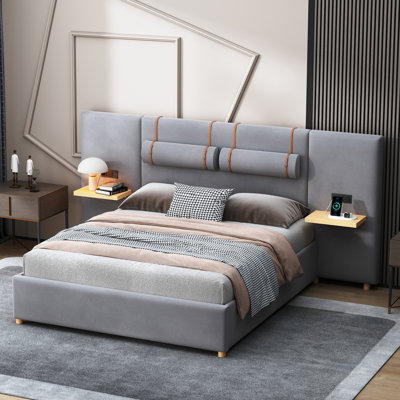 Queen Platform Bed With Two Outlets & USB Charging Ports And Two Bedside Pillows