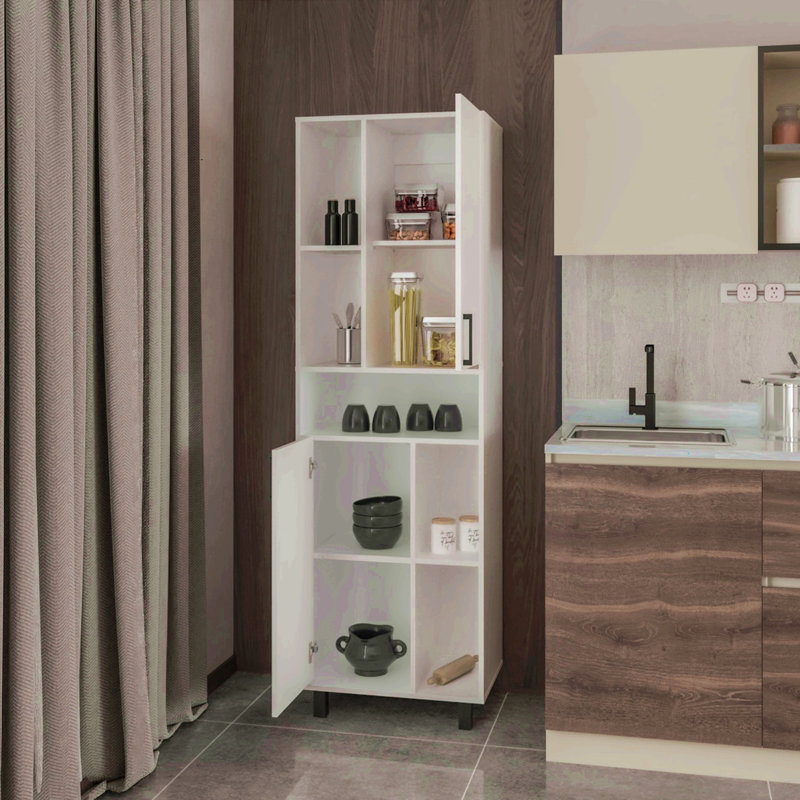 Kitchen Pantry With Open Shelves Storage And 2 Doors,  White