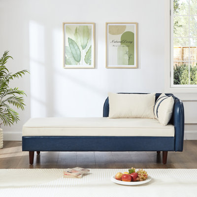 Chaise longue en velours bleu marine et beige marine de 65 po avec rangement, pieds en bois d'hévéa massif, assise en tissu confortable, rangement pour livres, collations en velours, structure en eucalyptus stable, détente douce