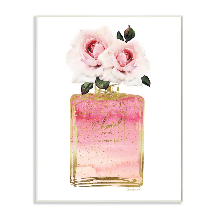 Mercer41 'Perfume Bottle with Roses' Graphic Art Print, Size: 18 inch H x 12.5 inch W x 0.5 inch D, Gold