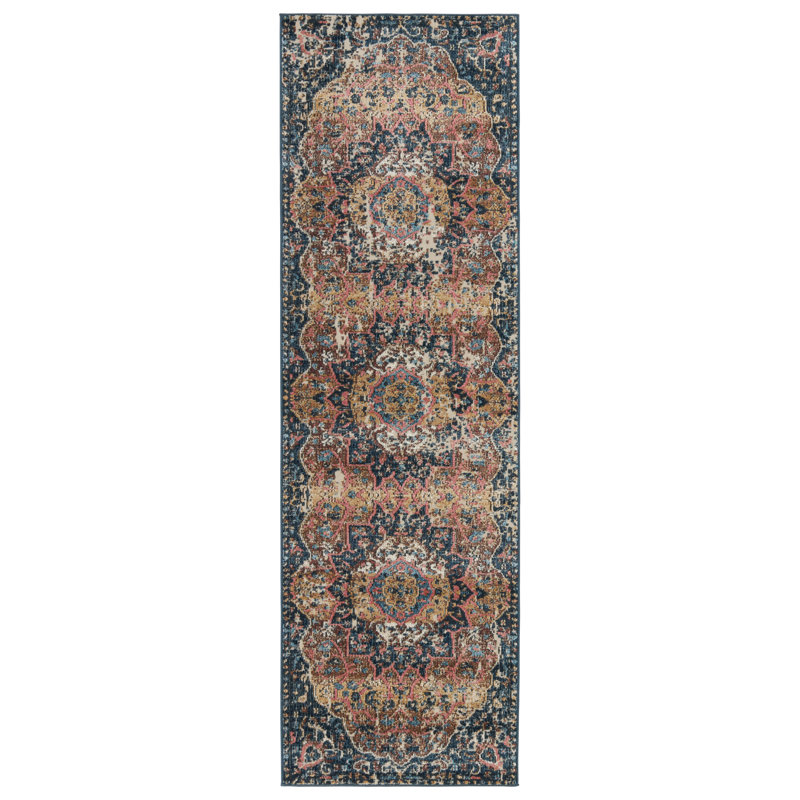 Tapis bleu foncé / brun / crème Forand, Tapis de couloir 2 pi 6 po x 8 pi