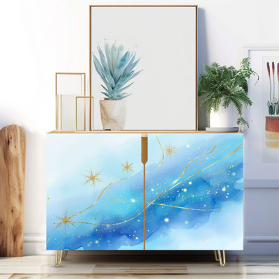 Buffet étroit de 35,4 po de largeur - armoire de rangement décorative à 2 portes avec impression à l'aquarelle en marbre liquide cyan menthe royal et pieds en métal