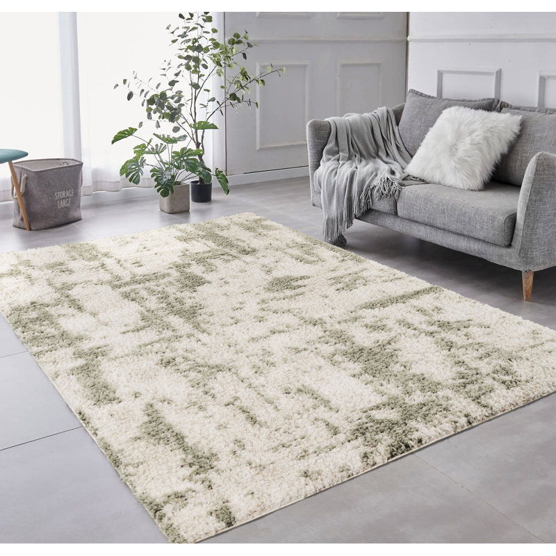 Moss Ivory & Green Abstract Shag Modern Rug, 6'4" x 9'4", Ivory/Green