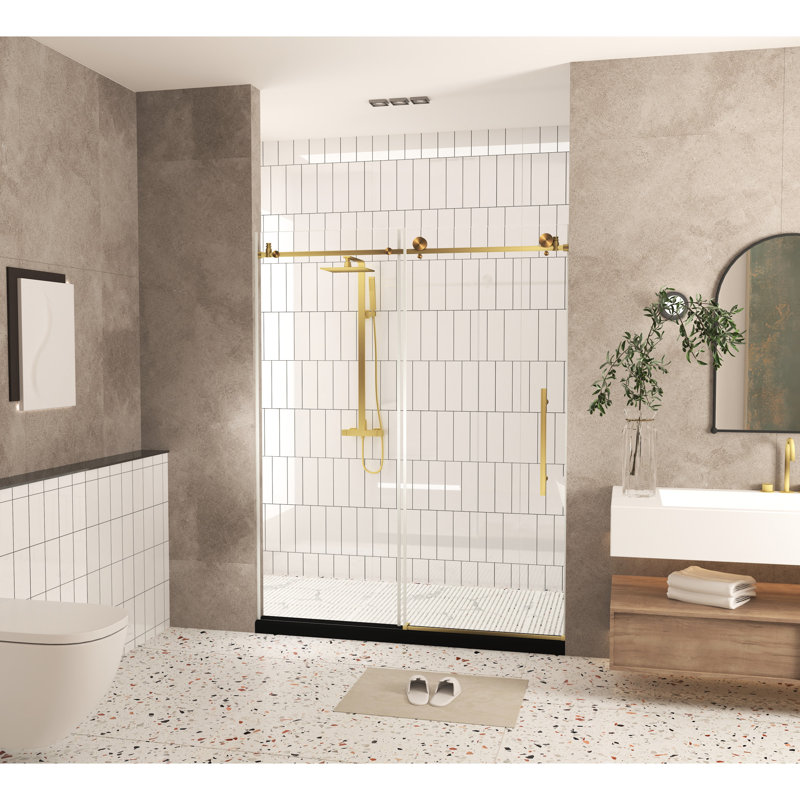 1/4"(6 Mm) Clear Tempered Glass Shower Door 56 - 60"w X 76"h In Brushed Gold, American Style For Bathroom, With Proof Film, Stainless Steel Handle, Large Wheels On Round Tracks, Easy To Clean And
