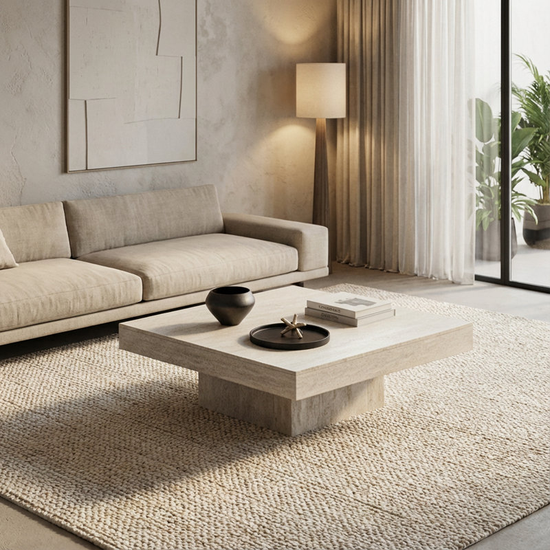 Table basse carrée en faux travertin 28,3 po, centre de table minimaliste moderne pour le salon