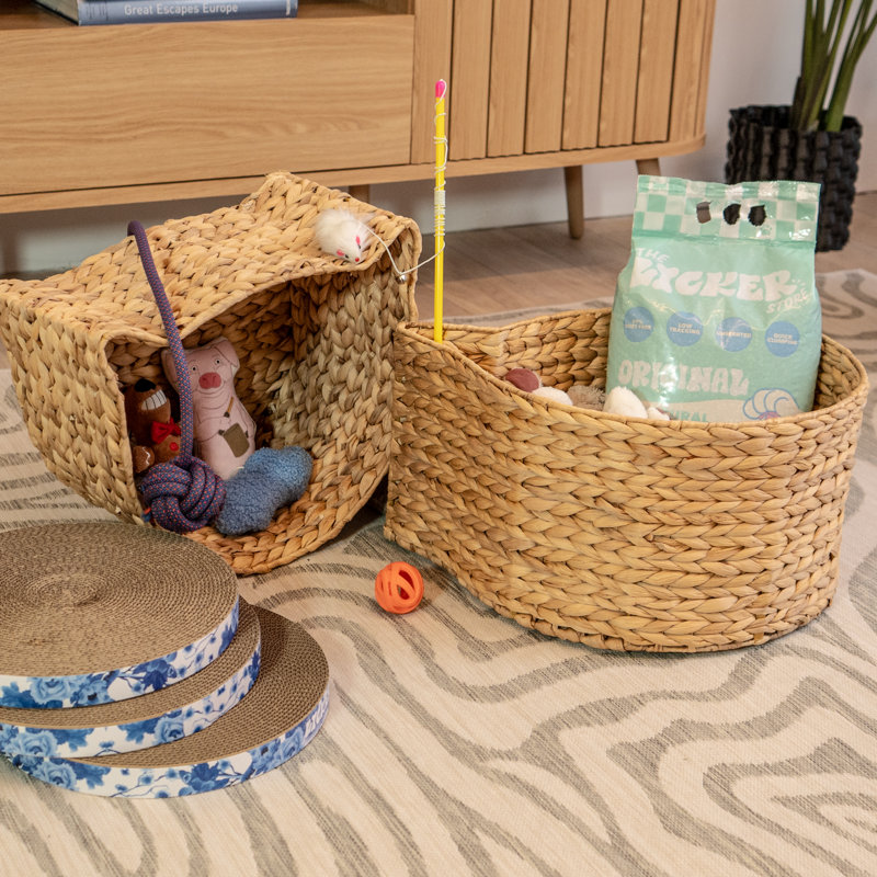 Felix Cat-Shaped Hand Woven Water Hyacinth Nesting Pet Toy Organizer Baskets (Set of 2), Natural