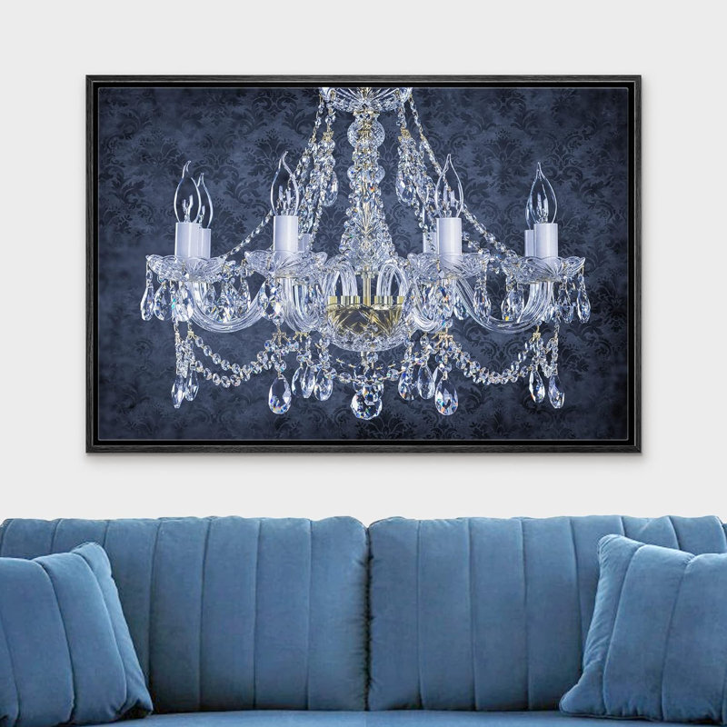 Impression sur toile, lustre en cristal à motif bleu marine, lumières contemporaines, détente, calme, Cadre flottant noir