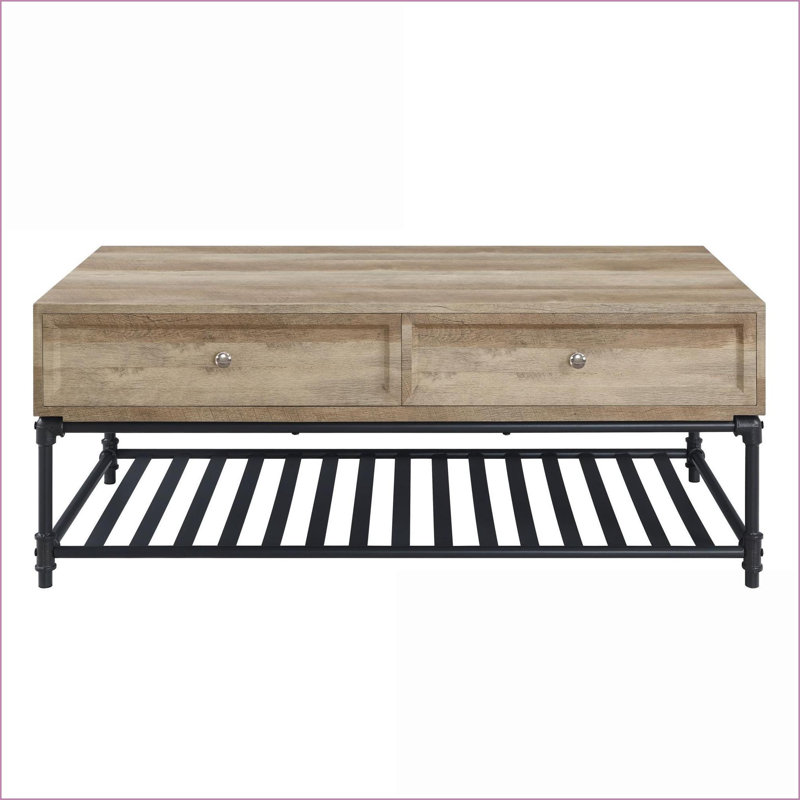 Oak &amp; Sandy Black Industrial Coffee Table with Bottom Shelf – Space-Saving for Living Room