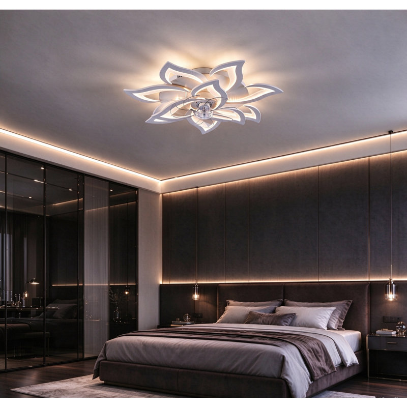 Ventilateur de plafond blanc avec télécommande et lumières, 6 vitesses, 3 lumières encastrées à profil bas pour cuisine et chambre à coucher