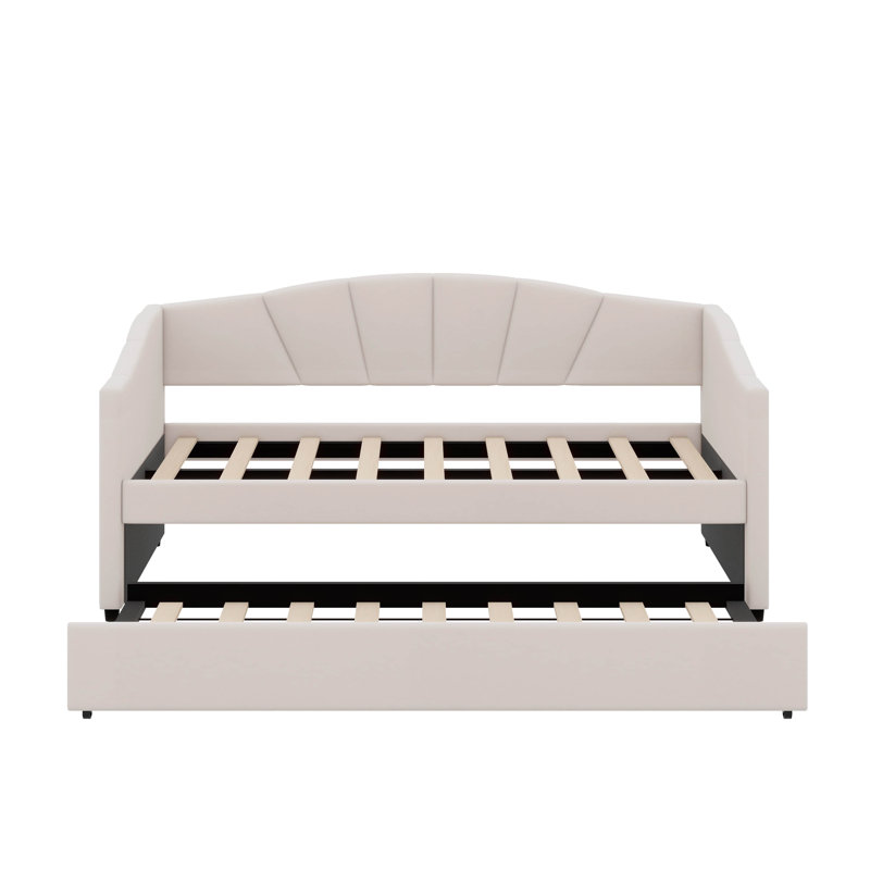 Twin Size Upholstered Daybed Sofa Bed With Wood Slat And Trundle Bed, Beige