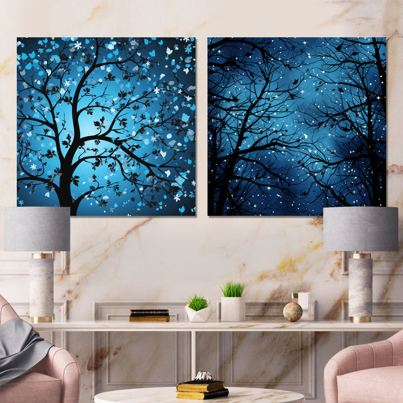 Arbre de lune bleu Revery I - ensemble de 2 décorations murales carrées en métal, H 16 po x l 32 po