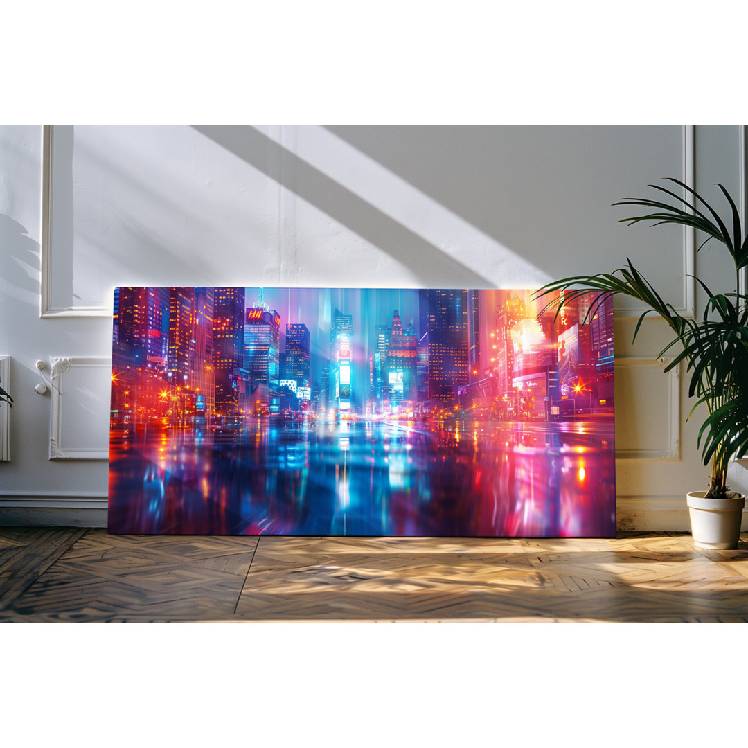 Bilder auf Leinwand 120x60cm Großstadt bei Nacht Rot Blau Lichter Abstrakt