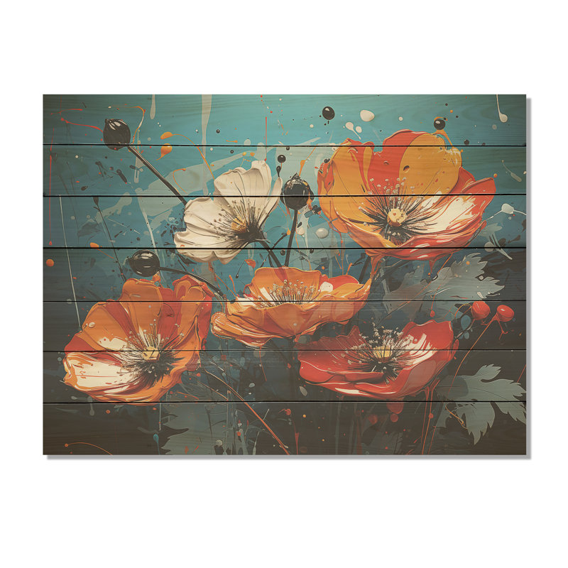Bouquet de coquelicots orange et bleu I - coquelicots sur bois, H 34 po x l 44 po