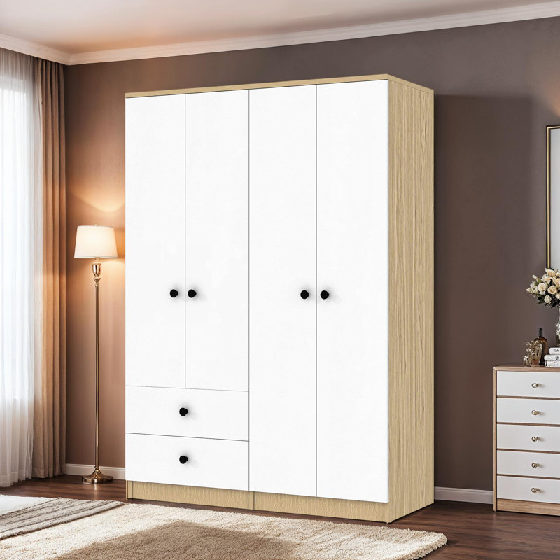 Armoire-penderie en bois de pin avec deux tringles et tiroirs suspendus