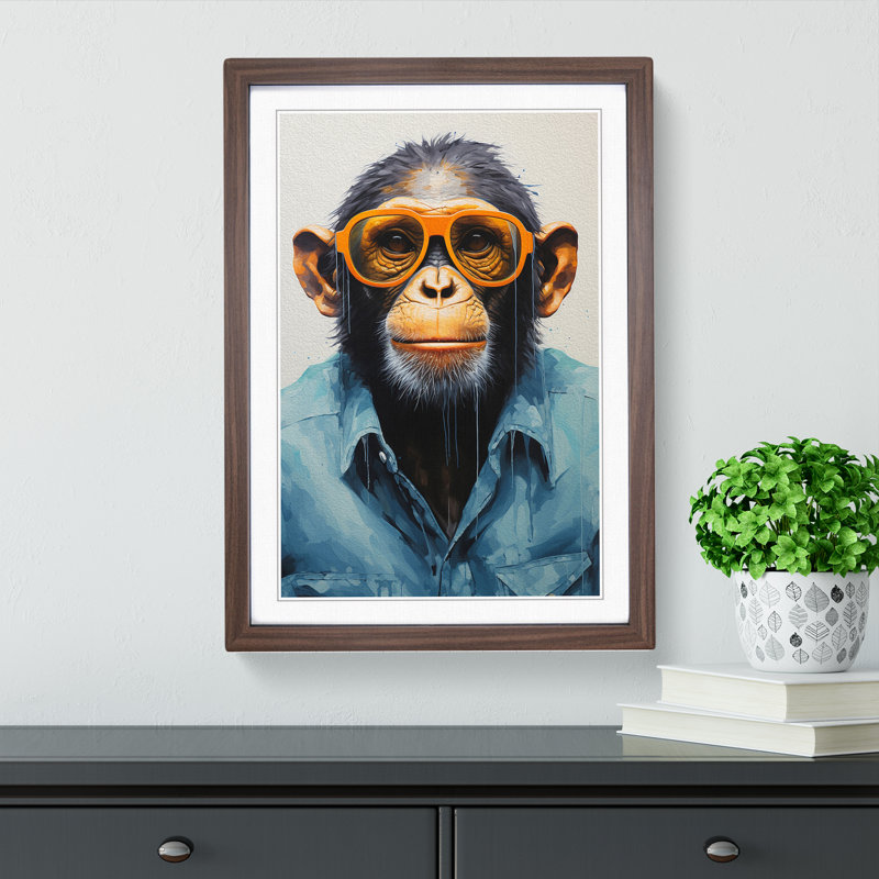 Monkey With Glasses Painting - Single Picture Frame Print on Wood, Walnut, 46cm H x 34cm W x 2cm D