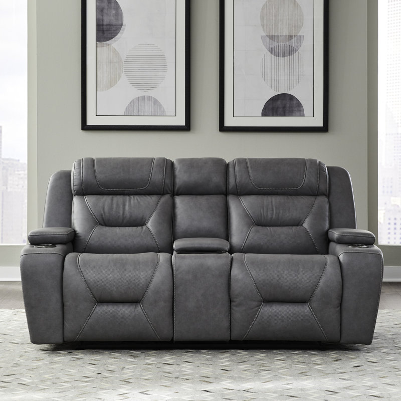 Causeuse Kerven Zero Gravity Power avec console et haut-parleurs Bluetooth, Cuir véritable gris foncé
