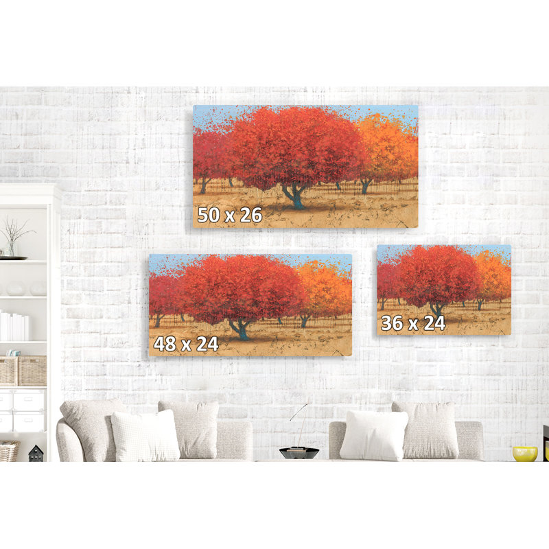 Oranges rouges, sol brun clair, doré, reproduction de peinture, brun, noir, forêt, rouge vif, ciel bleu