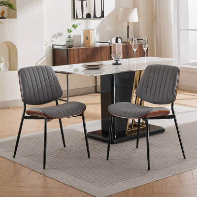 Furniture, Dining Chairs Set Of 2 Mid Century Modern Retro Faux Leather Chair With Walnut Bentwood Back Upholstered Seat Metal Legs Adjustable Foot For Kitchen Dining Room Chairs(Gray PU)