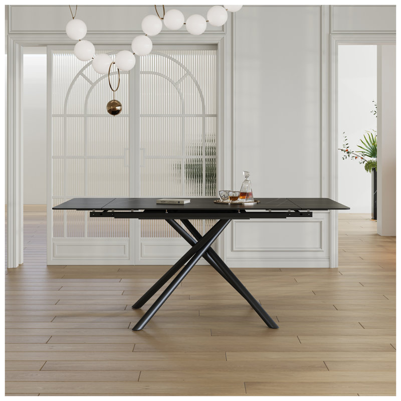 Table de salle à manger rétractable en pierre frittée - Table rectangulaire noire moderne extensible pour 6 à 8 personnes avec base en acier au carbone à pieds croisés