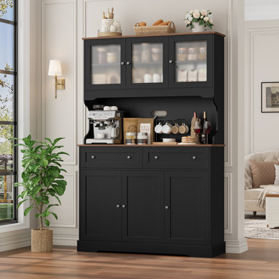 Armoire de cuisine 71,9 "avec station de charge et tablette à micro-ondes, garde-manger avec 4 placards et 2 tiroirs de rangement, armoire de salle à manger en grain de bois rustique