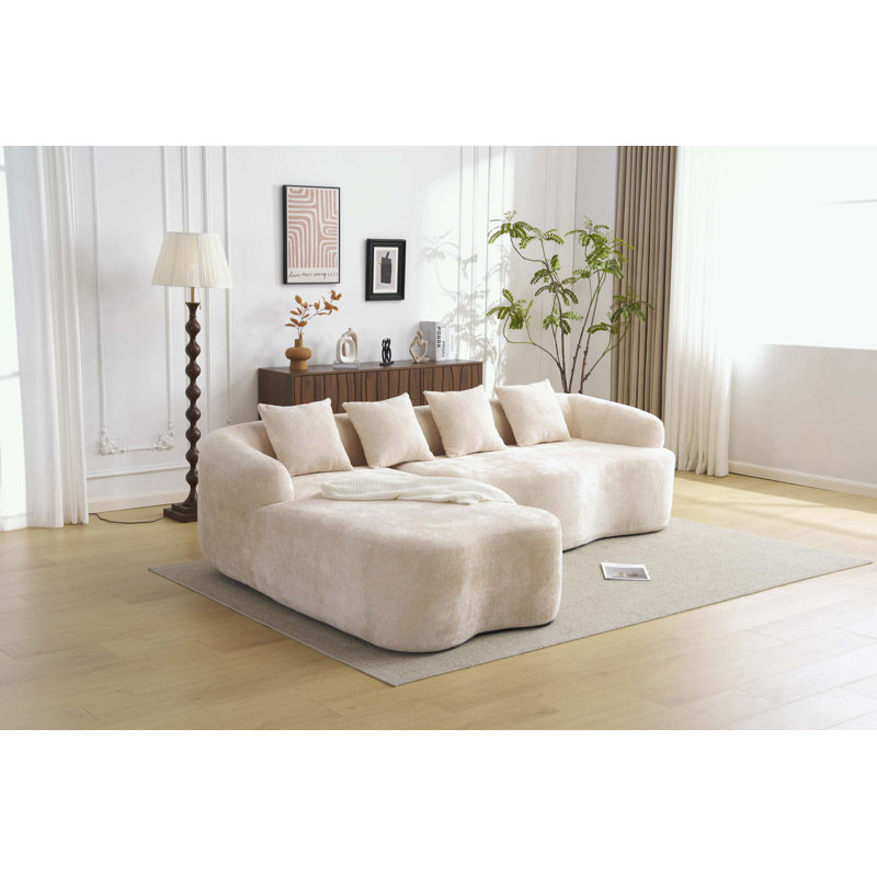 L-Shape Sectional Sofa with Curved Chaise, Beige Polyester Blend