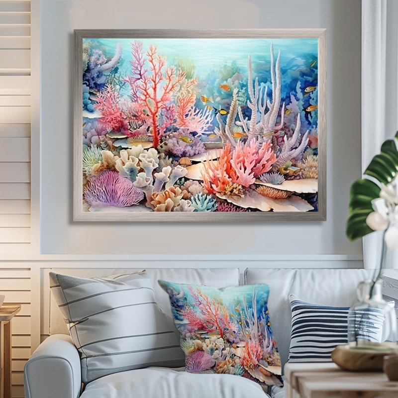 Pink And Blue Under Water Coral Wold I On Canvas Print, 34" H x 44" W x 1.5" D, Silver Floater Framed
