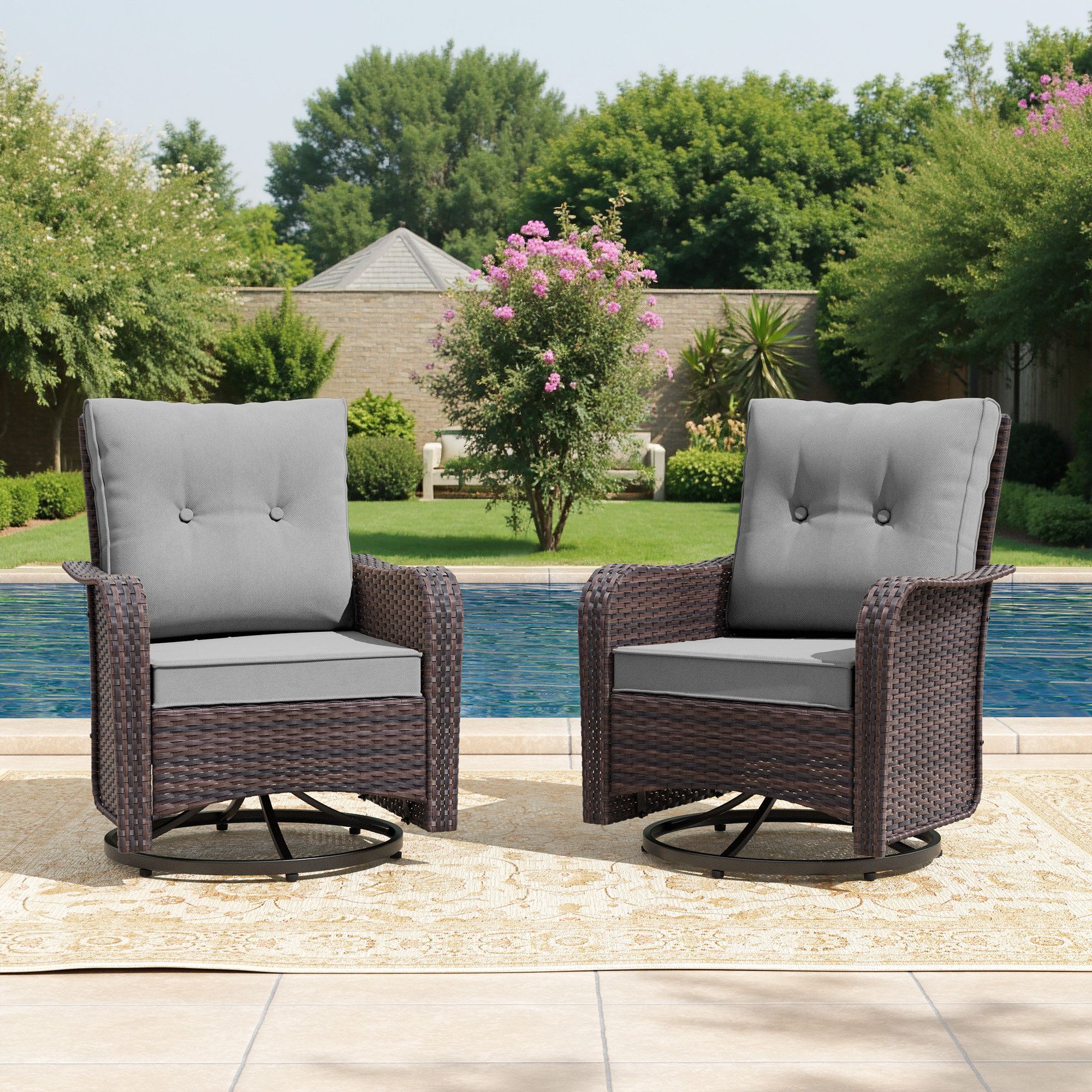Rocking Swivel All-Weather Rattan Patio Chair With Cushions (Set of 2)