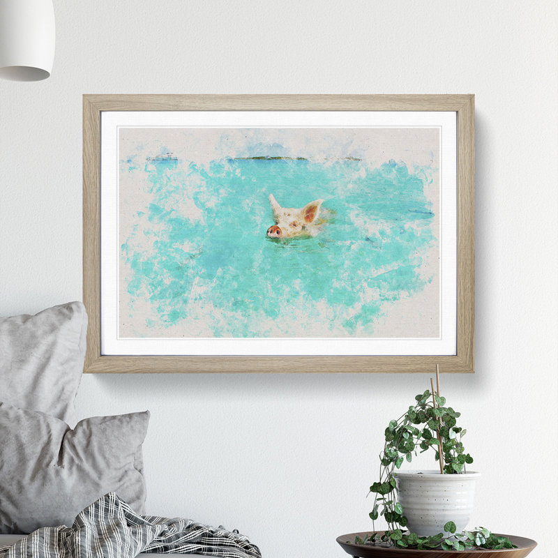 Swimming Pig - Picture Frame Painting, 48cm H x 65cm W x 2cm D, Oak Framed