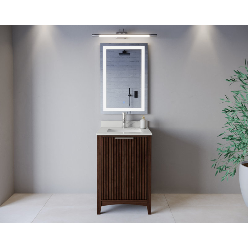 Meuble-lavabo simple autoportant 24 po avec plateau en quartz Palmilla, Brun, Nickel brossé, Quartz Giotto
