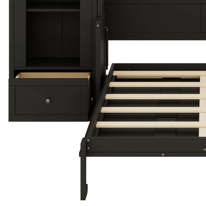 Lit plateforme moderne avec tablette, armoires latérales, tiroirs de rangement et DEL Modern, Noir