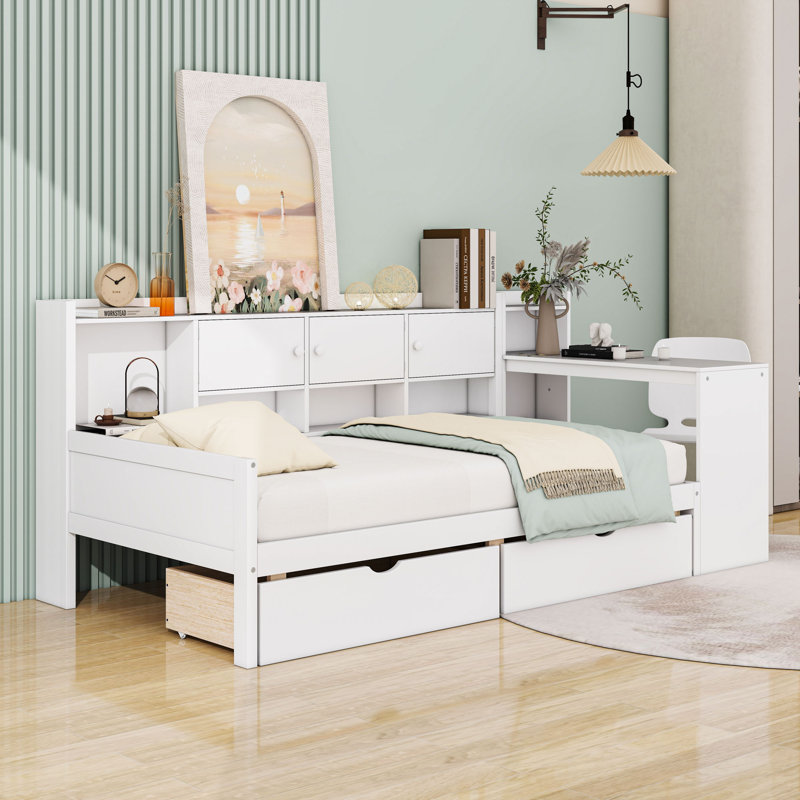 Wooden Daybed with Cabinets, Desk and Drawers, Twin, White