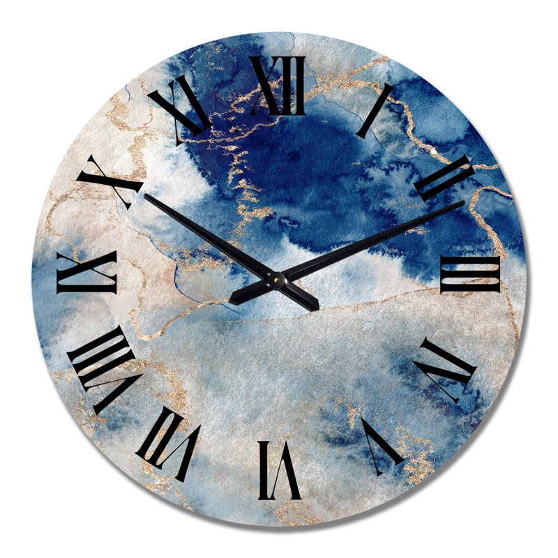 Horloge murale moderne bleu et or - nuages en marbre III, Grand