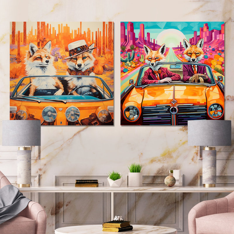 «Adventurous Foxes Drive I - Fox Wall Art Living Room», ensemble de 2, Toile tendue, H 16 po x l 33 po x P 1 po