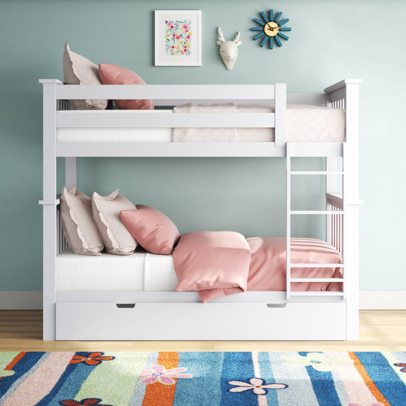 Lit superposé simple au-dessus de simple en bois massif avec lit gigogne Aileana, Lit superposé simple sur simple, Blanc