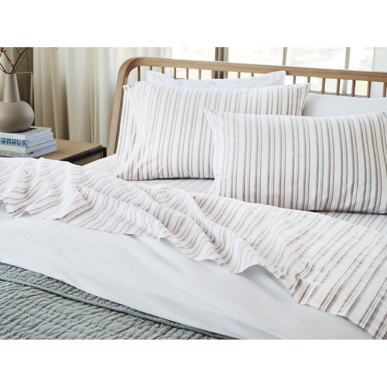 Organic Crinkled Percale 100% Cotton Percale Sheet Set, Queen Sheet Set with 2 Pillowcases, Surf Stripe