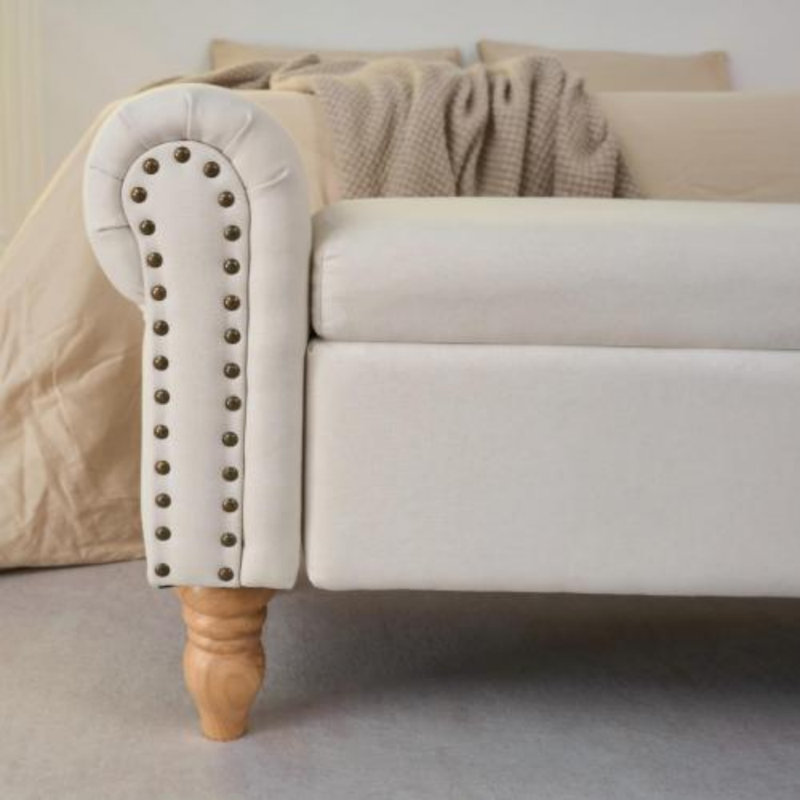 Banc de rangement rembourré avec pieds en bois, banc de bout de lit avec accoudoirs roulés, pour salon, entrée