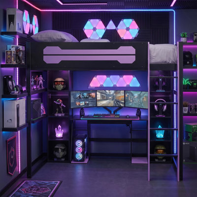 Lit mezzanine double en bois avec bureau et rangement, lumière DEL RVB, station de charge USB, armoire et armoires intégrées, cadre de lit mezzanine peu encombrant pour la chambre à coucher
