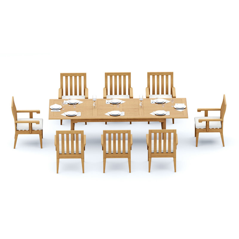 Ensemble de salle à manger en bois de teck Grade-A: table rectangulaire à double extension et fauteuils Caranas # 11Ca2412, 8