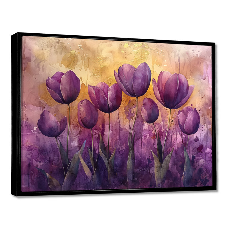 Mauve, or, paysage de rêve moderne, tulipes champ II - tulipes, art mural, Noir, Impression encadrée flottante