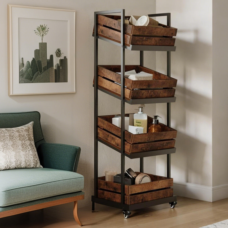 4-Tier Industrial Rolling Storage Cart, Narrow Kitchen Wine Rack