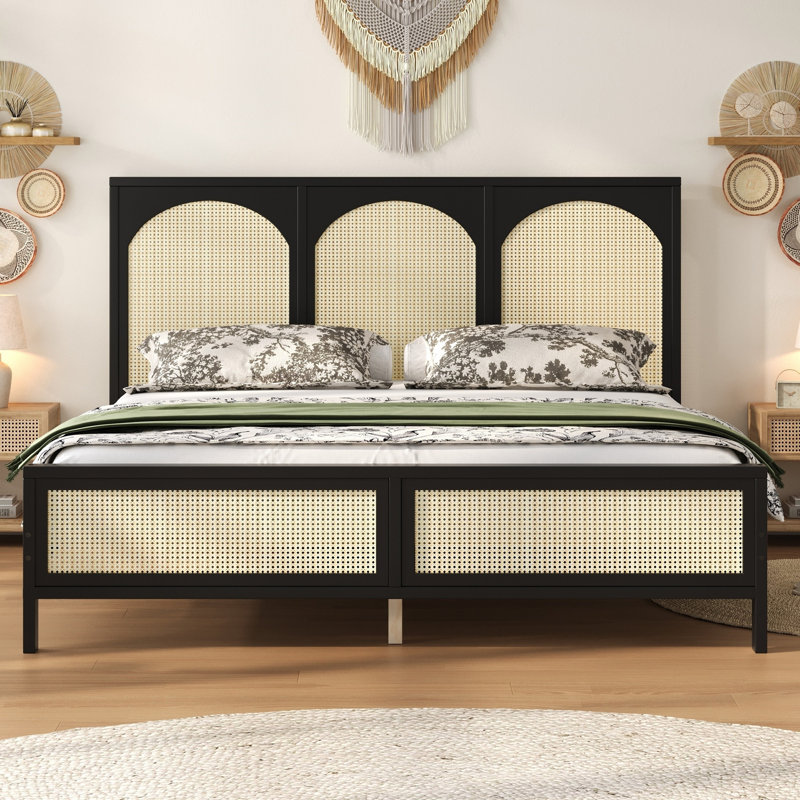 Lit plateforme en bois avec tête et pied de lit en rotin, Très grand lit, Noir