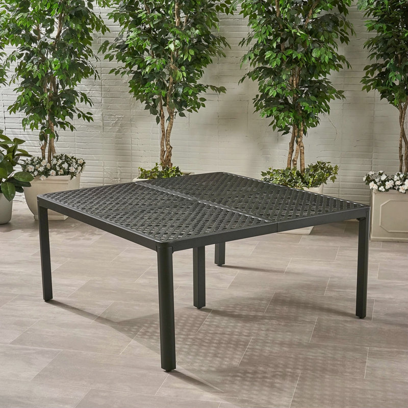 Table de salle à manger d'extérieur moderne en aluminium avec accents tissés, noir mat antique